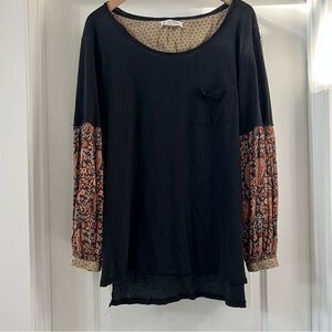 We the Free by Free People Black Top with Patterned Sleeves Size Medium